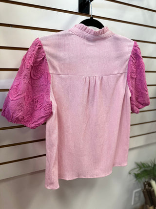 Pink Textured Floral Detail Short Sleeve Top | Alice VOY