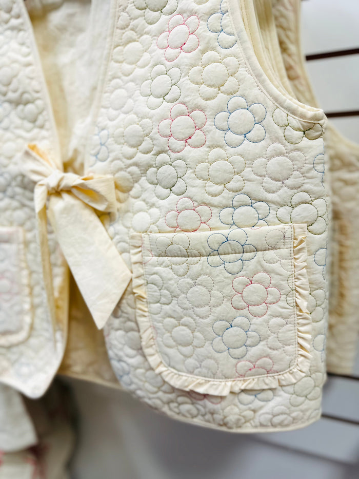Cream and Colorful Flower Embroidery Puffer Vest | Mindy Very J