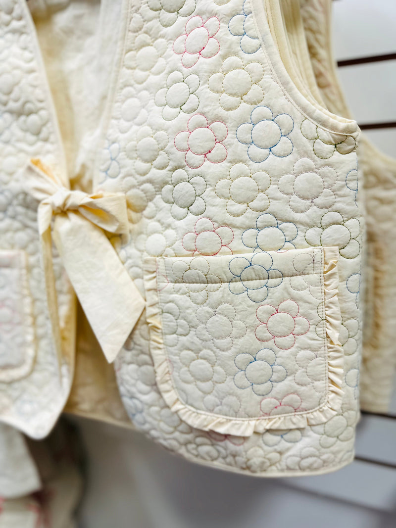 Cream and Colorful Flower Embroidery Puffer Vest | Mindy Very J
