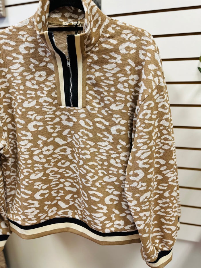 Taupe Leopard Print Quarter Zip Sweatshirt | Shaylee Jodifl