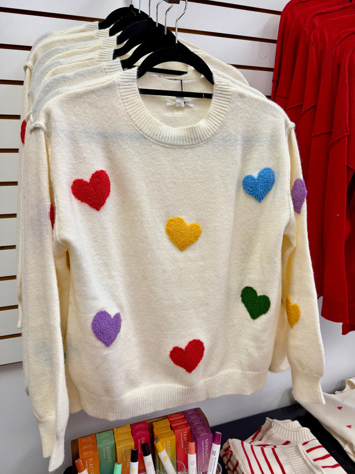 Ivory and Multicolor Hearts Sweater | Hannah Blu Pepper