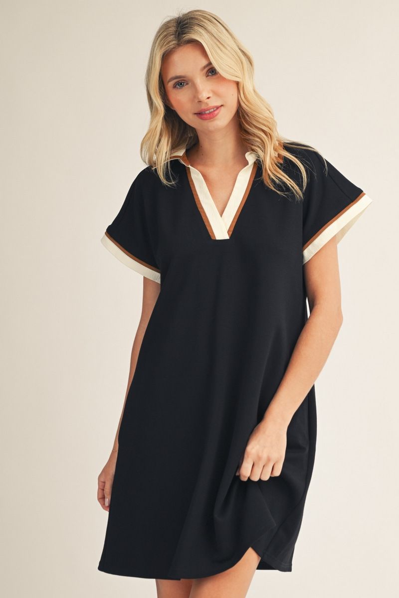 Black brown and white athleisure dress with neckline and collar