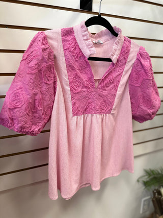 Pink Textured Floral Detail Short Sleeve Top | Alice VOY