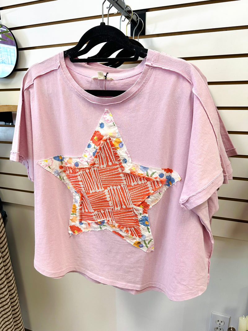 Pink Star Printed Short Sleeve Top | Tia Easel