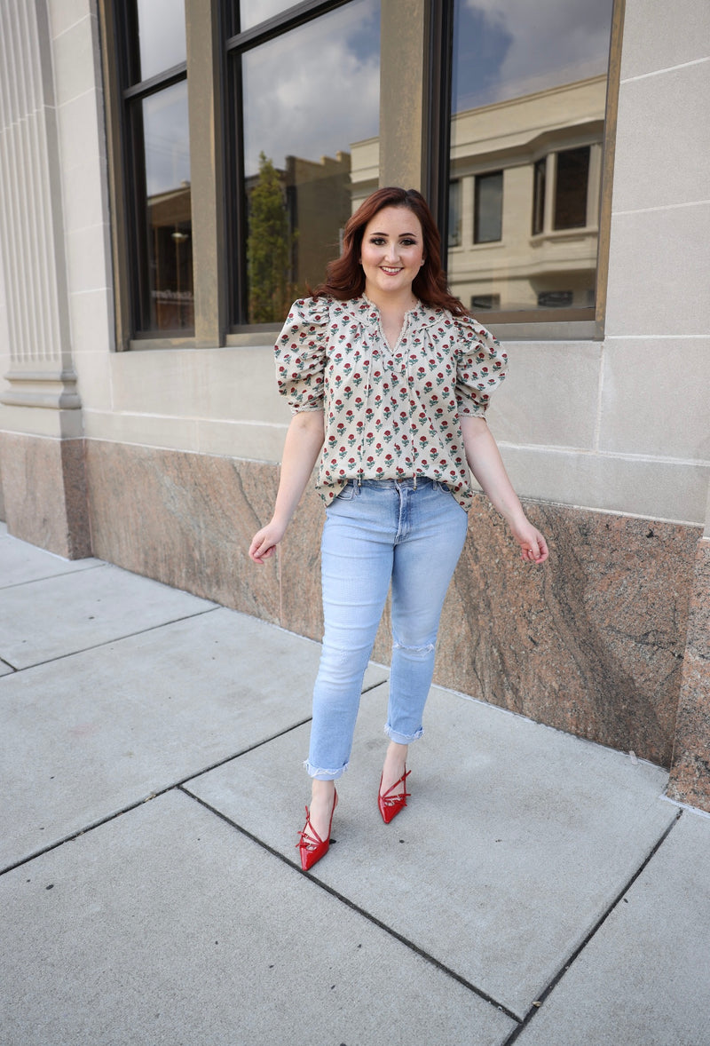 Ecru and Red Floral Print Top | Boutique Elise | Emily Entro