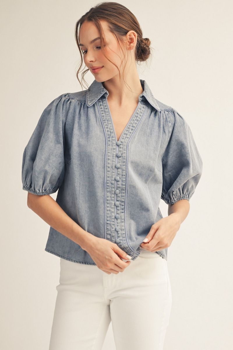Denim Puff Short Sleeve Top | Payton Jodifl