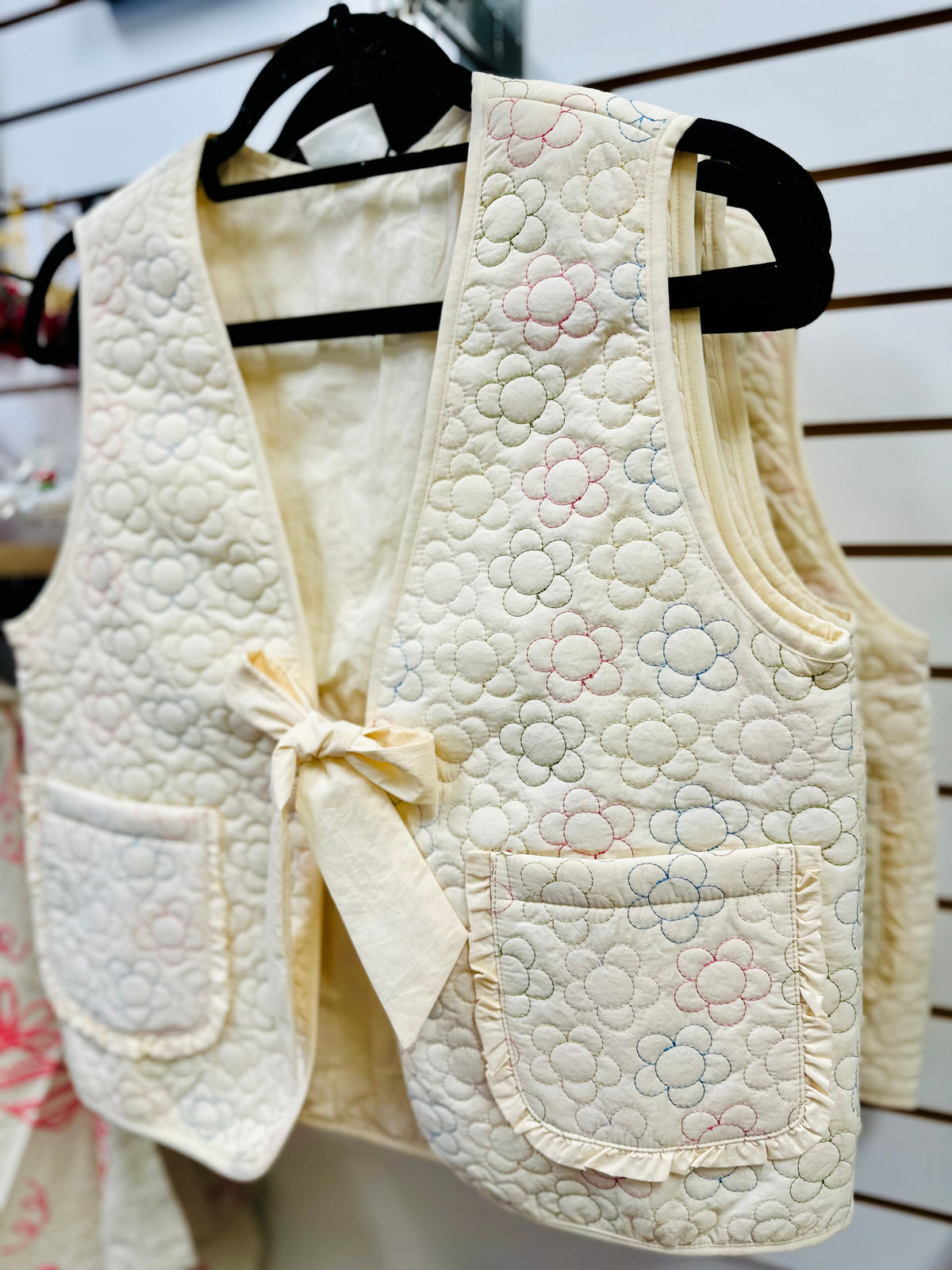 Cream and Colorful Flower Embroidery Puffer Vest | Mindy Very J