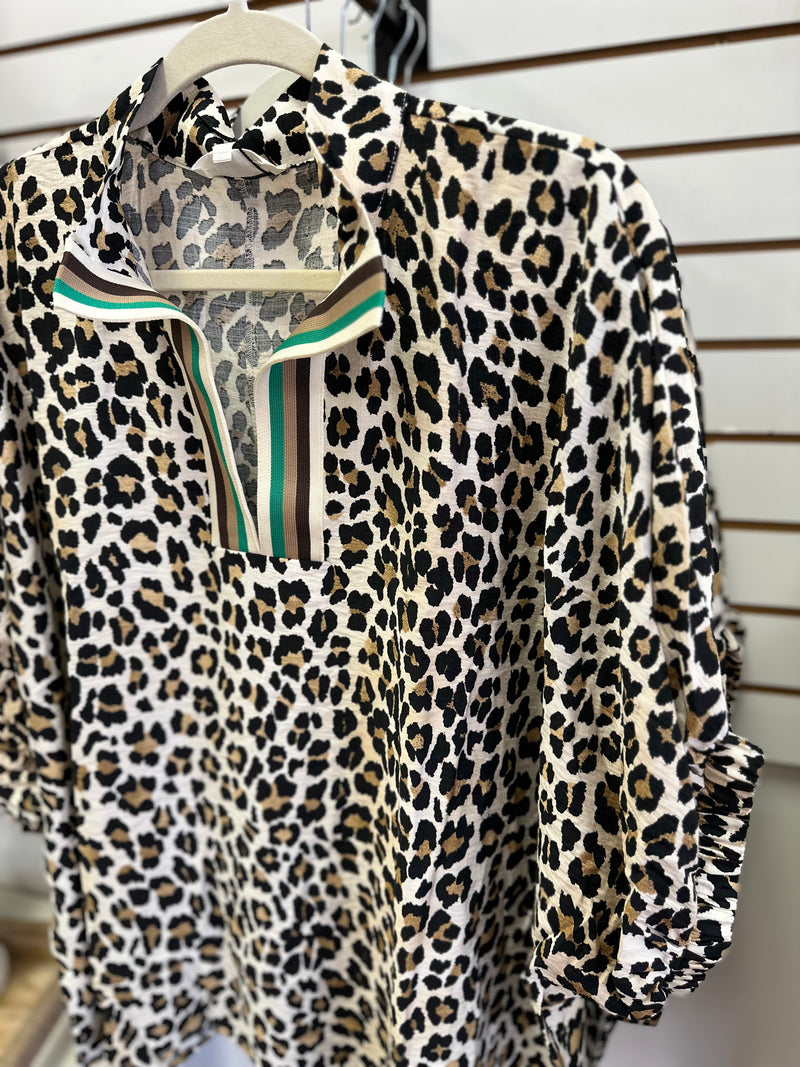 Leopard print top with green brown white and tan stripe detail
