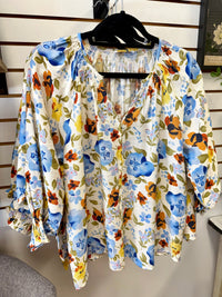 Blue Floral Print 3/4 Sleeve Blouse | Blair Staccato