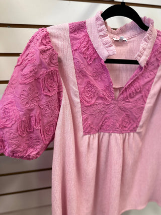 Pink Textured Floral Detail Short Sleeve Top | Alice VOY