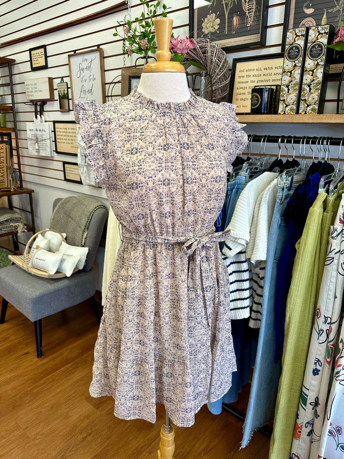Cream Blue and Purple Floral Print Dress | Boutique Elise | Alice Jodifl