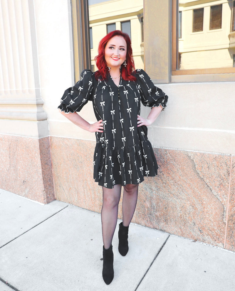 Black Bow Detail Mini Dress | Boutique Elise | Becky Entro