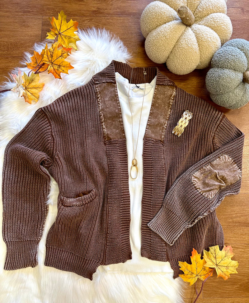 Chocolate Brown Mineral Wash Cardigan | Boutique Elise | Andrea heyson