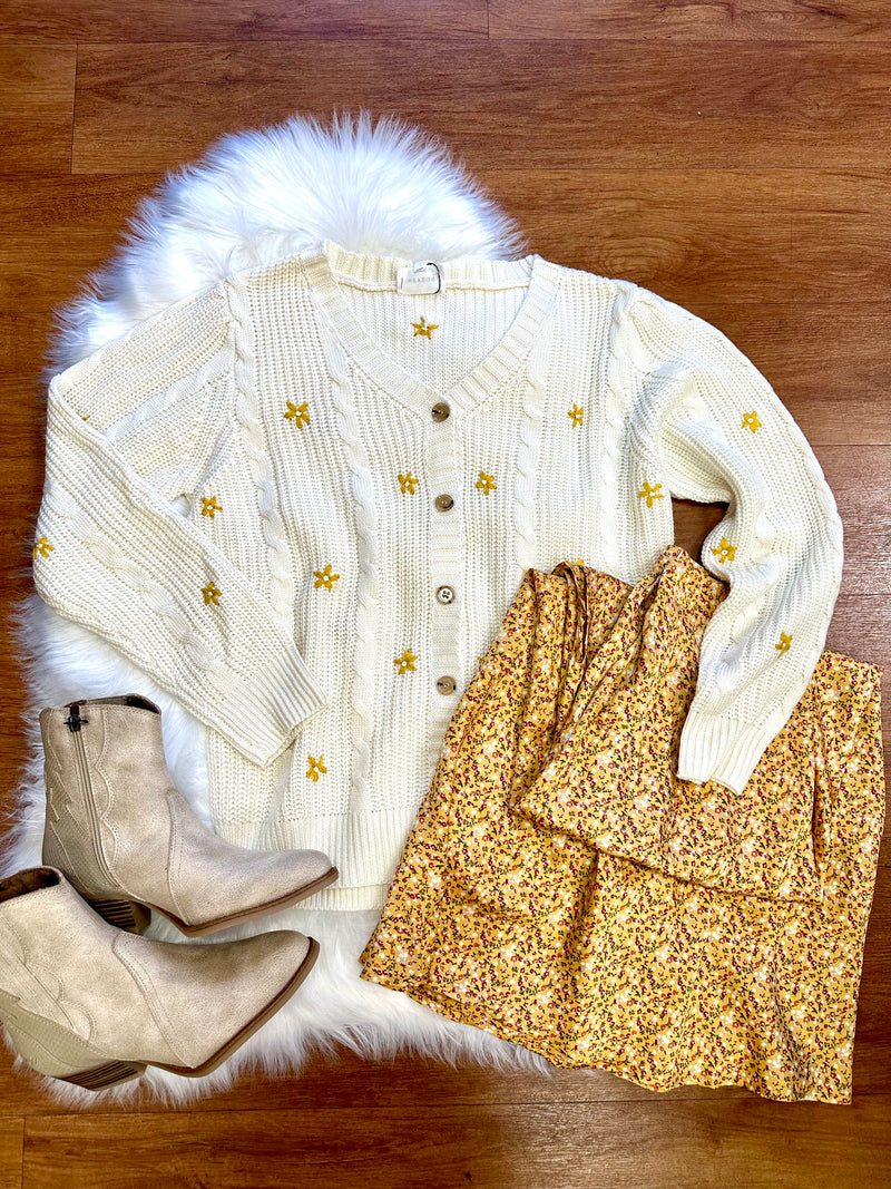 Ivory with Yellow Floral Embroidery Cardigan | Boutique Elise | Sunny heyson