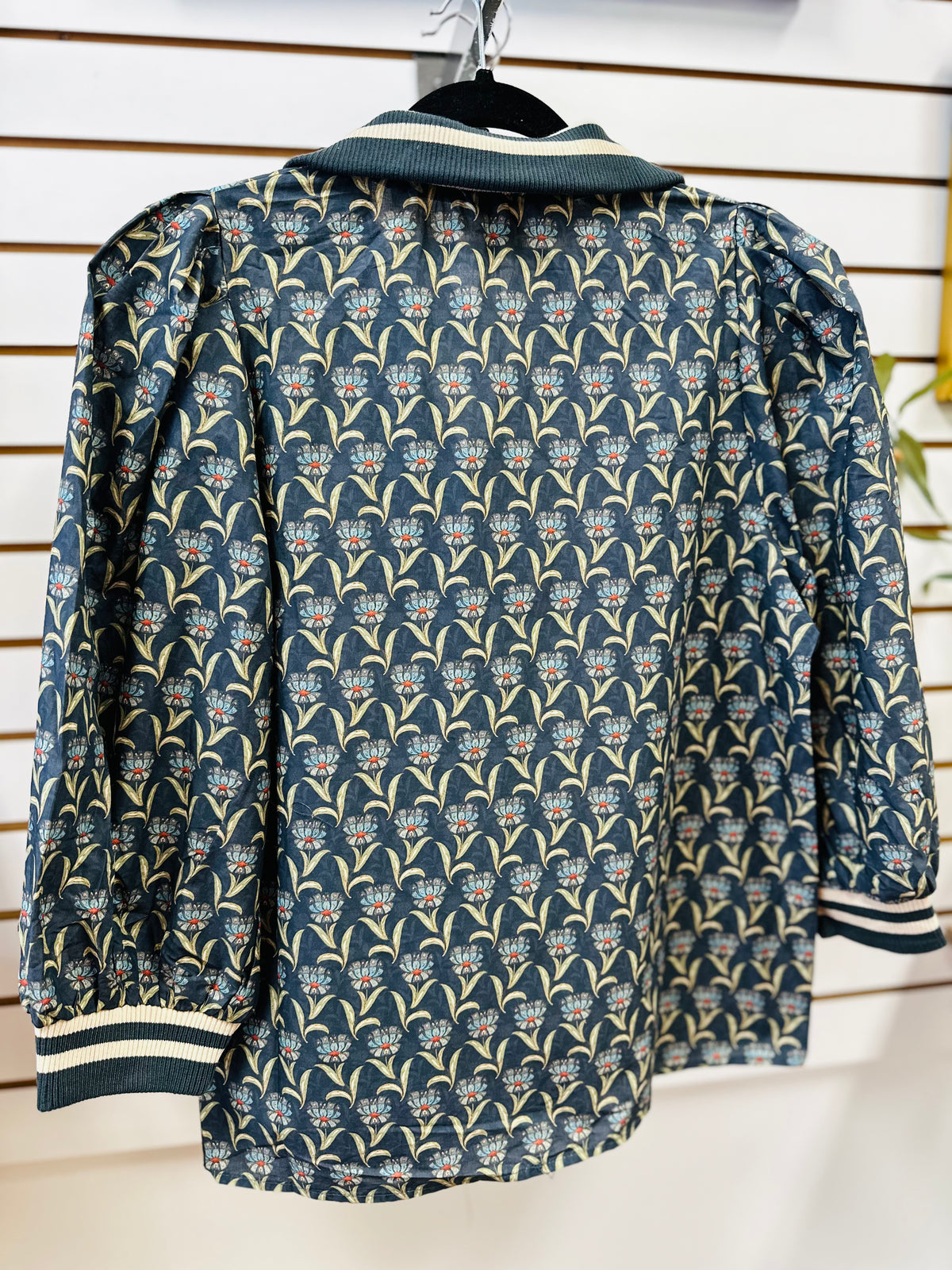Midnight Blue Grey Printed 3/4 Sleeve Top | Joan Entro