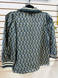 Midnight Blue Grey Printed 3/4 Sleeve Top | Joan Entro