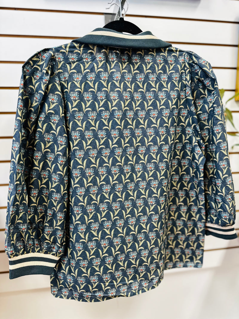 Midnight Blue Grey Printed 3/4 Sleeve Top | Joan Entro