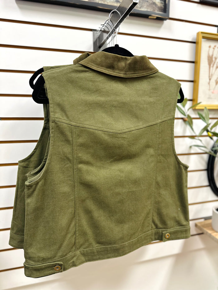 Olive Green Canvas Sleeveless Vest | Samantha Very J
