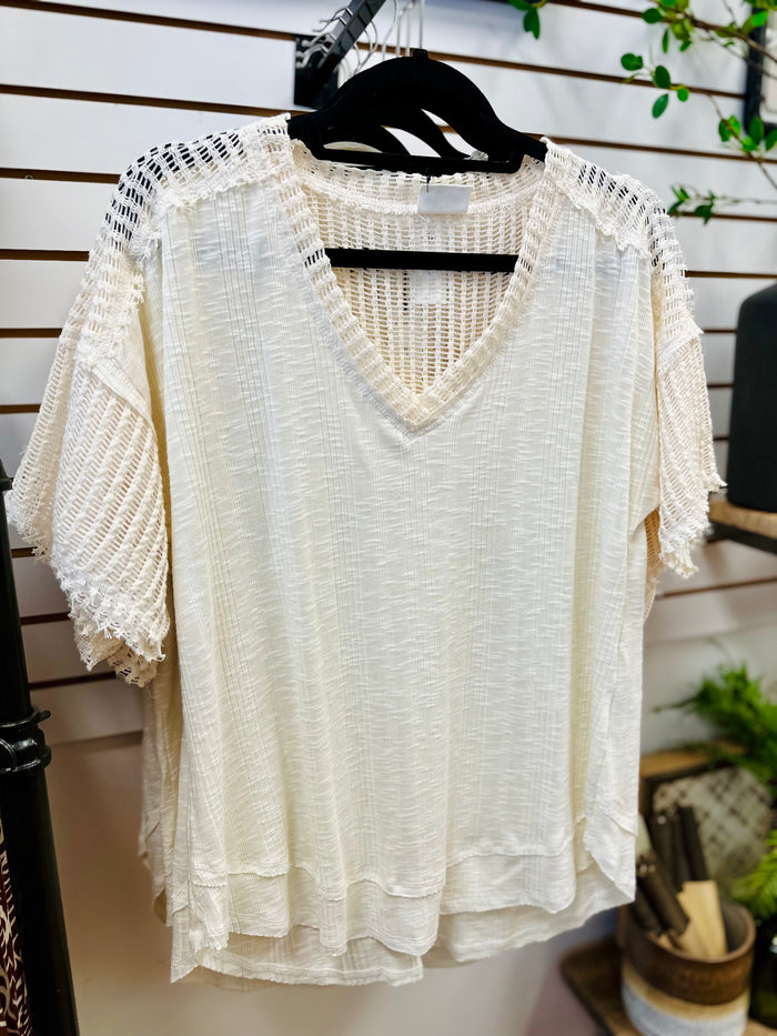 Cream Crochet Detail Short Sleeve Top | Isla