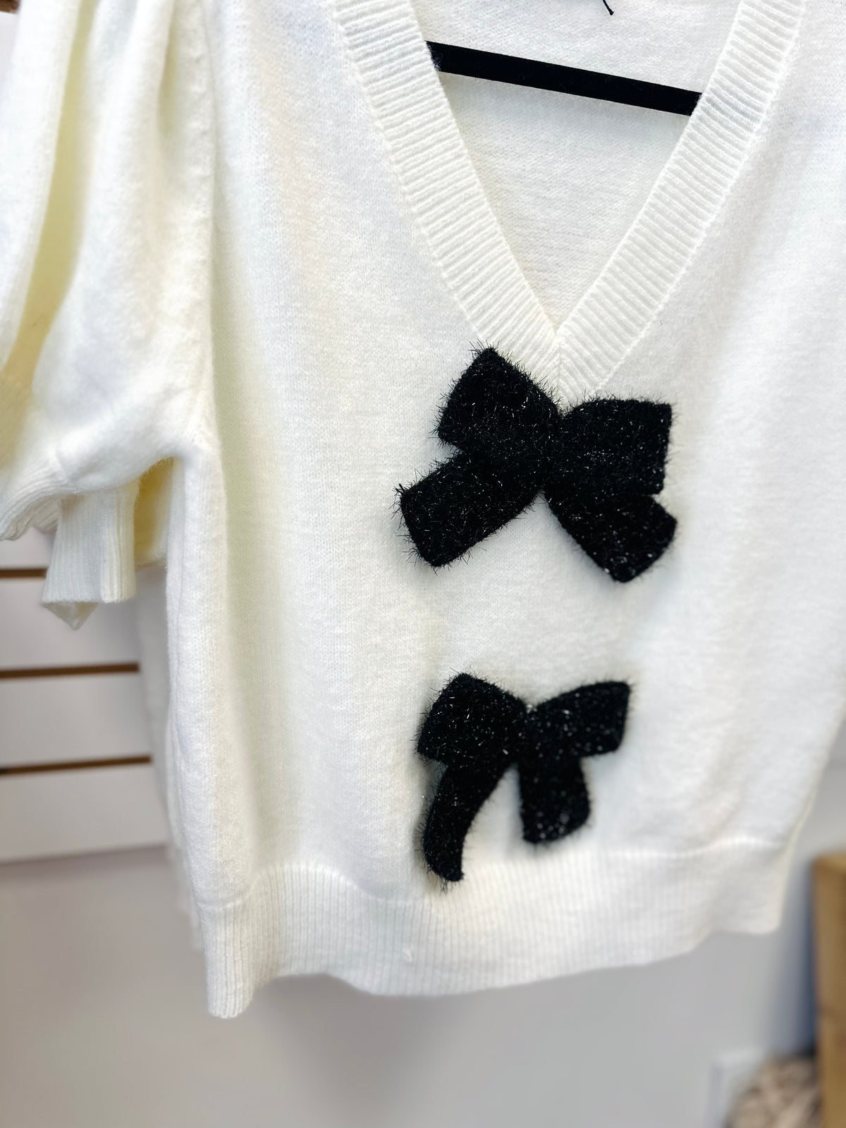 Off-white with Metallic Black Bow Detail Top | Boutique Elise Entro
