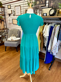 Blue Green Smocked Midi Dress | Boutique Elise | Isla Blu Pepper