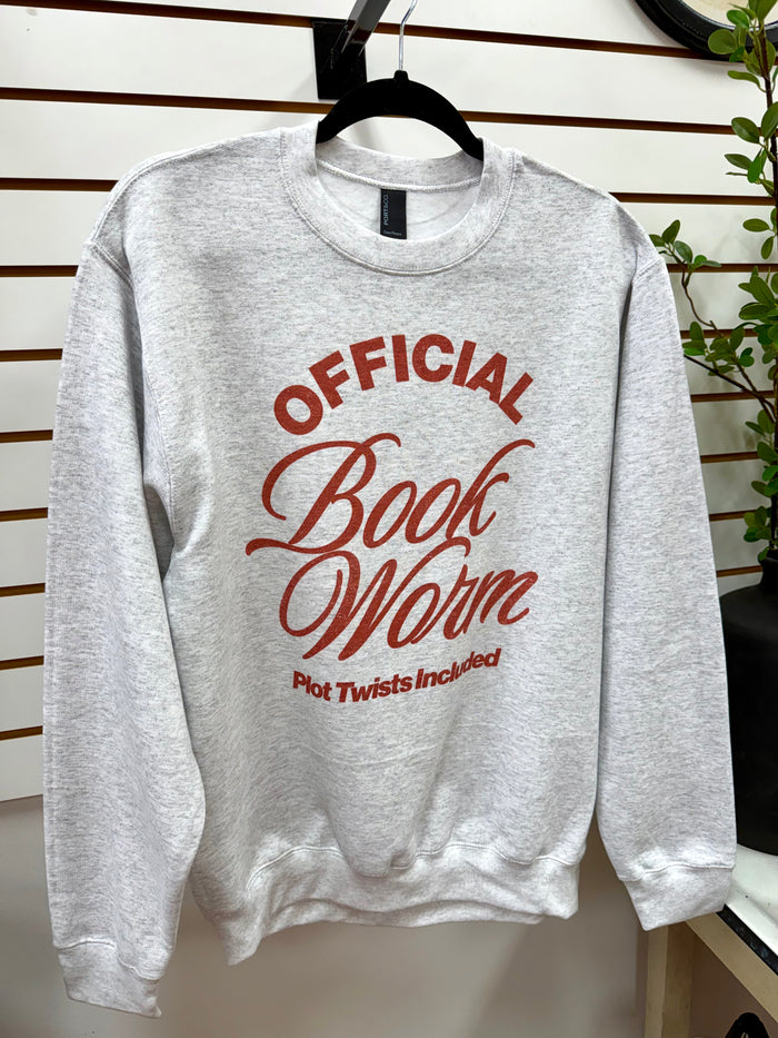 Heather grey crewneck sweatshirt with red Official Book Worm plot twist included graphic 