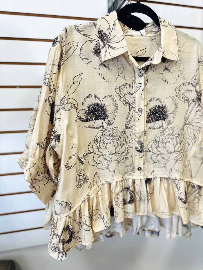 Ecru and Black Floral Print Top | Tilly Entro