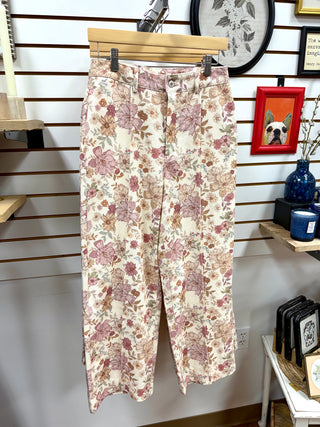 Ecru and Pink Floral Print Crop Pants | Casey Entro
