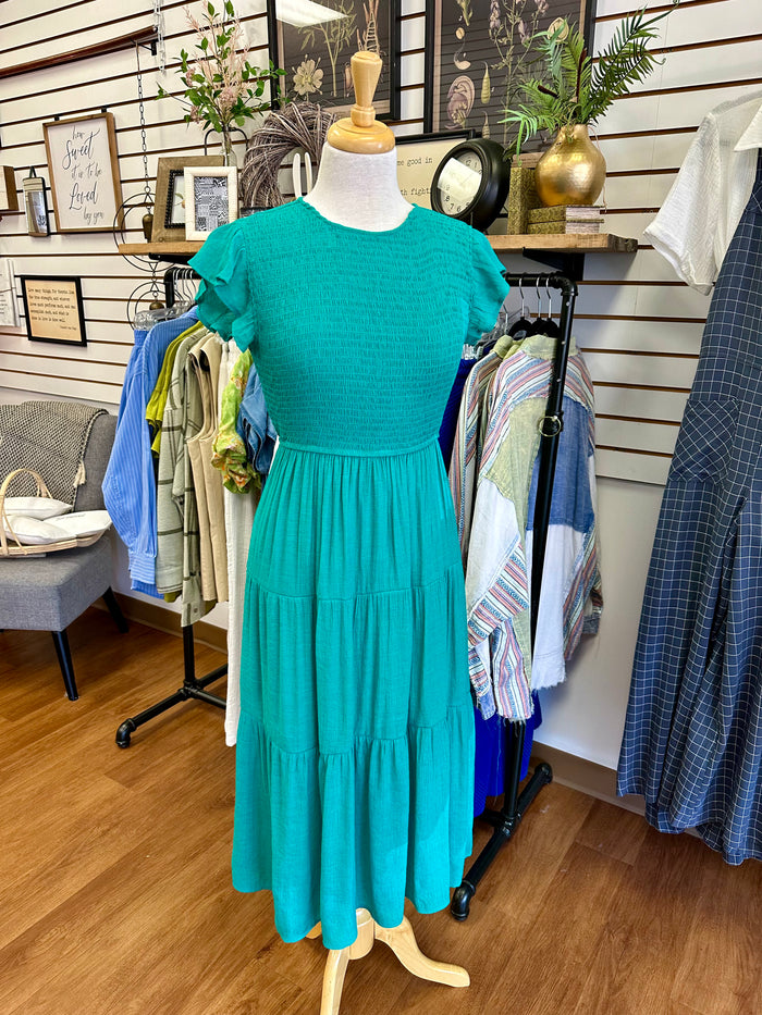 Blue Green Smocked Midi Dress | Boutique Elise | Isla Blu Pepper