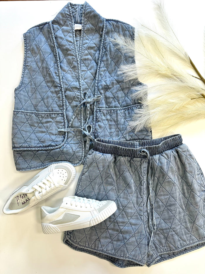 Quilted Denim Tie Front Vest | Boutique Elise | Eloise Entro