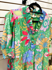 Bright Green Floral Print Short Sleeve Dress | Claire Easel