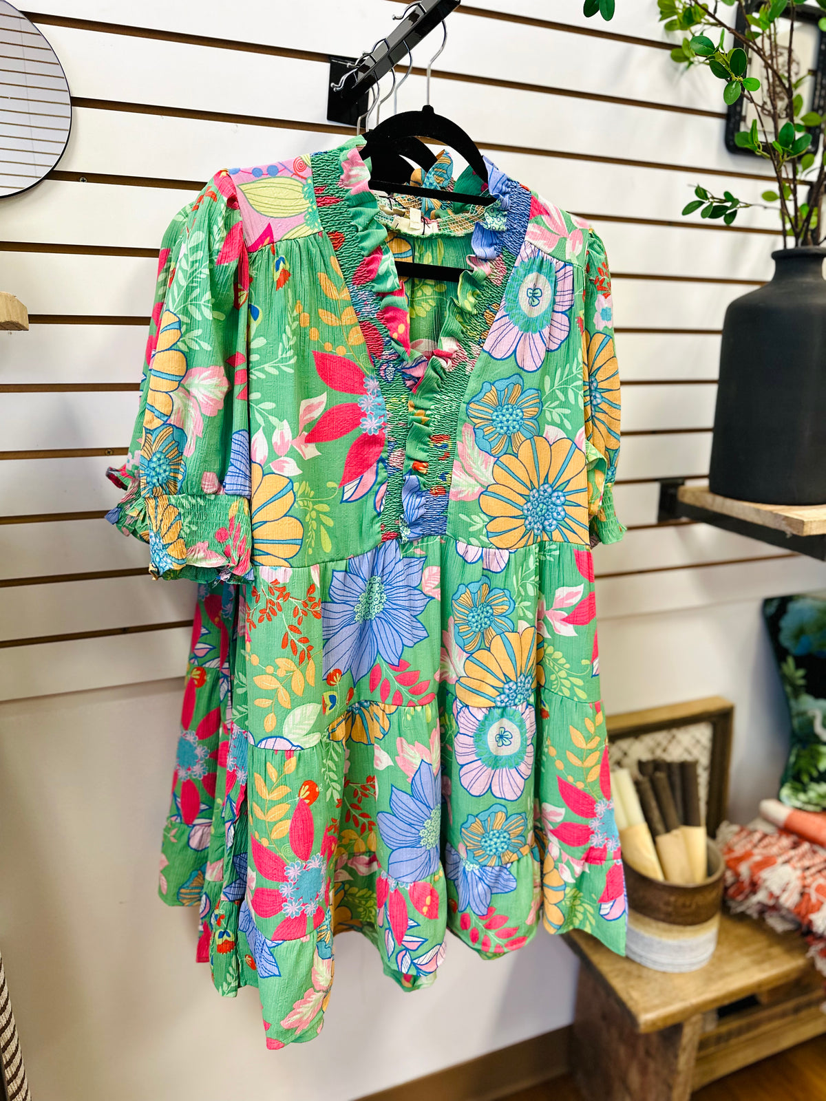 Bright Green Floral Print Short Sleeve Dress | Claire Easel