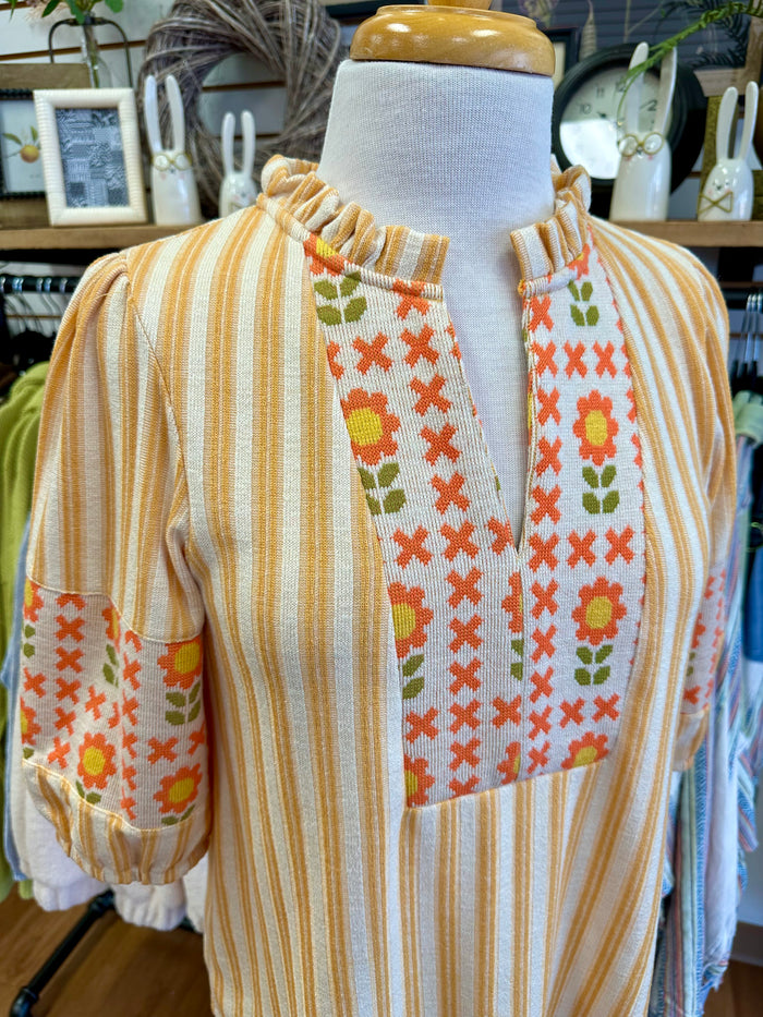 Mustard Stripe and Floral Detail Top | Boutique Elise | Sunny VOY