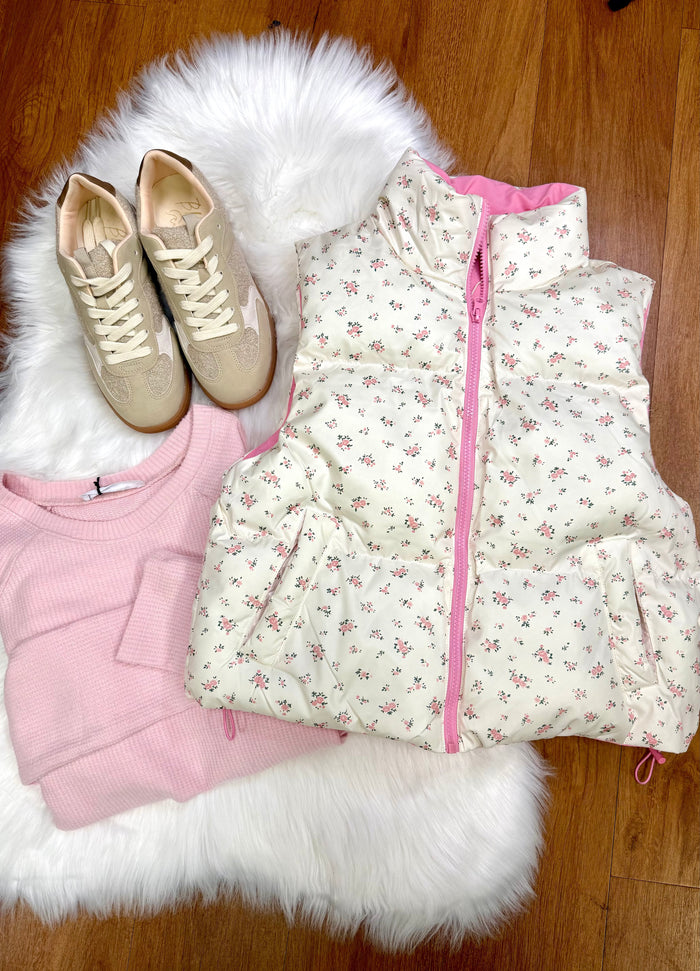 Pink Floral Print Cropped Puffer Vest | Millie Very J