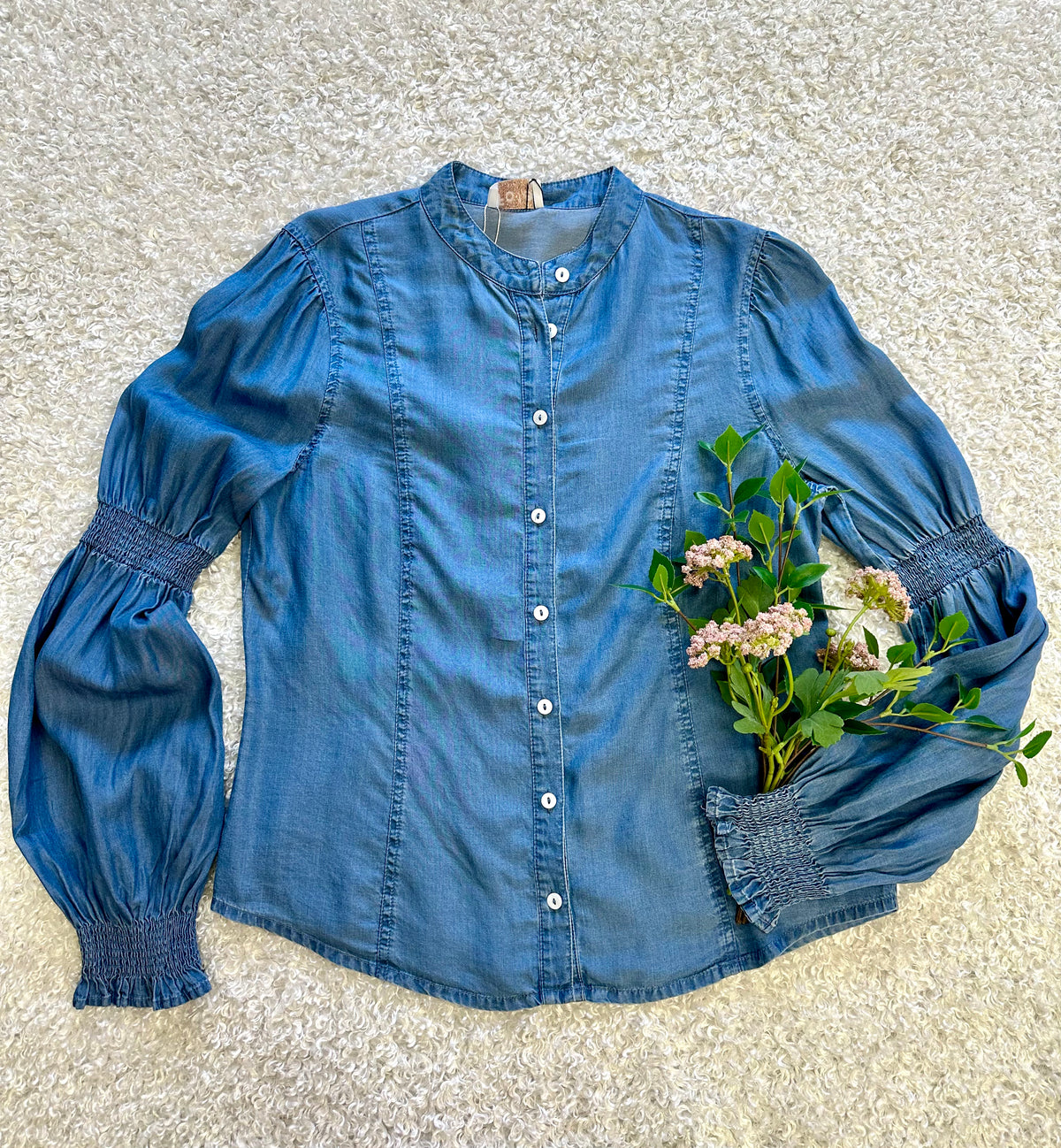 Chambray Denim Smocked Sleeve Button-Down | Boutique Elise | Brielle fate