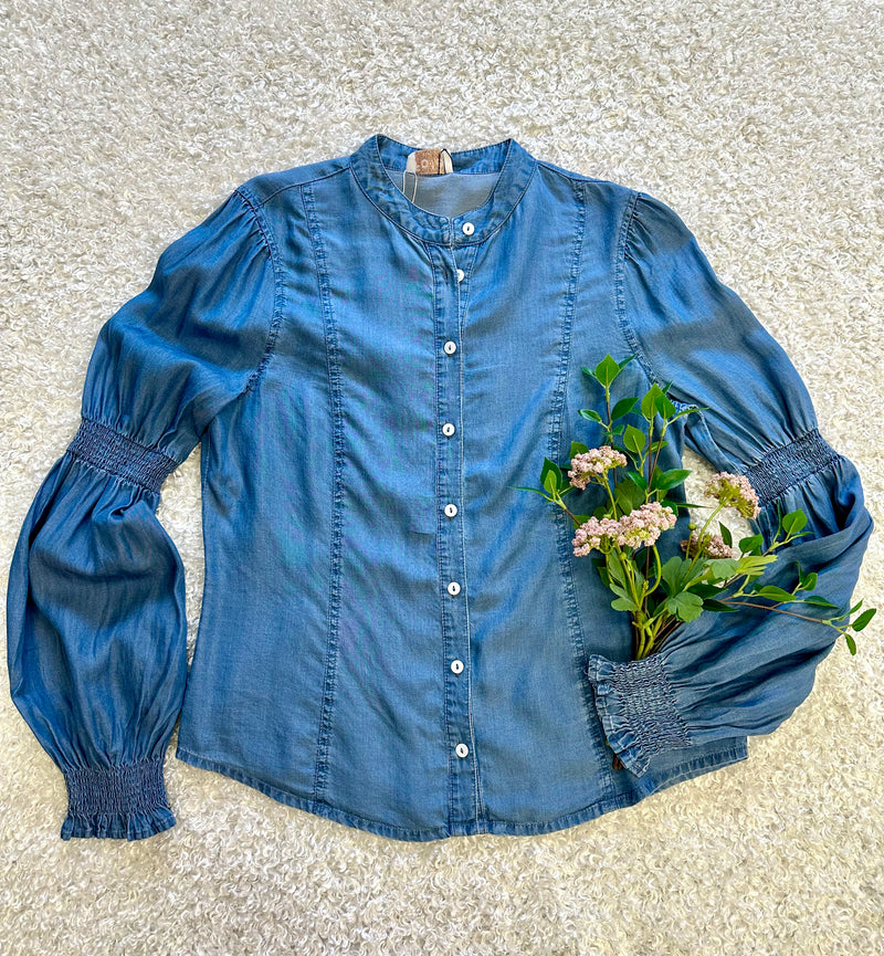 Chambray Denim Smocked Sleeve Button-Down | Boutique Elise | Brielle fate