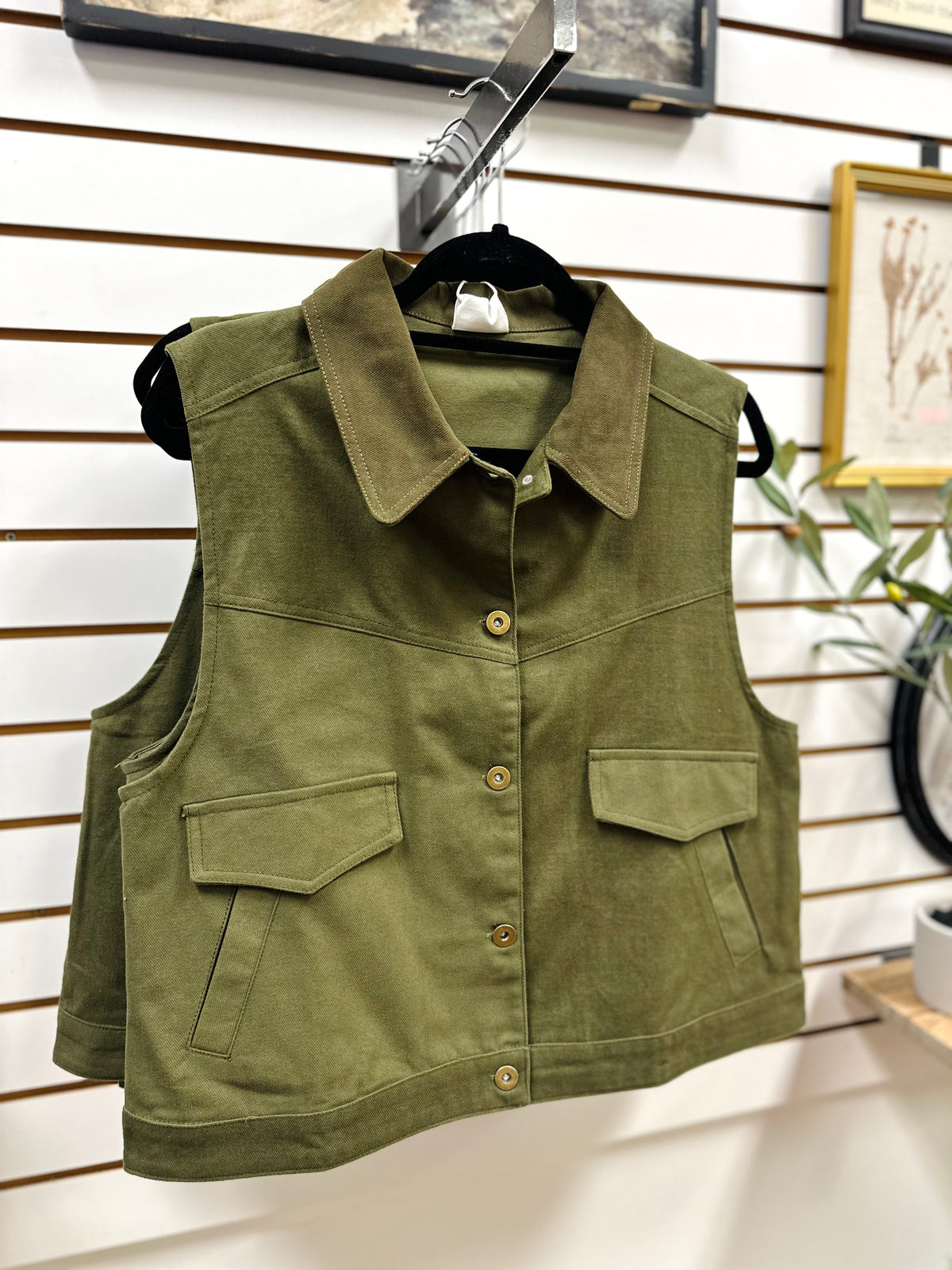Olive Green Canvas Sleeveless Vest | Samantha Very J