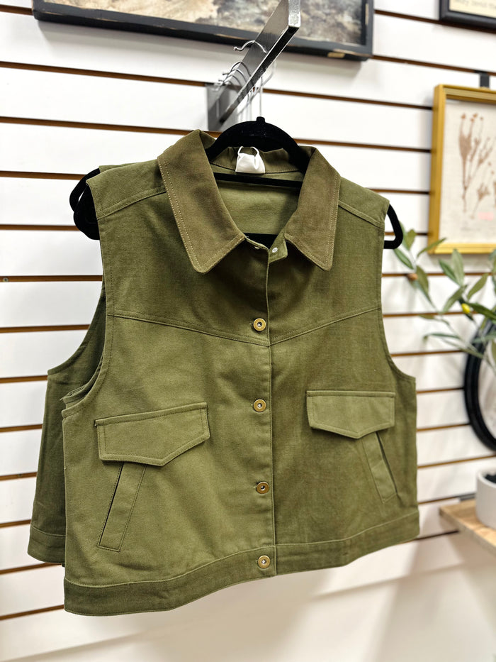 Olive Green Canvas Sleeveless Vest | Samantha Very J