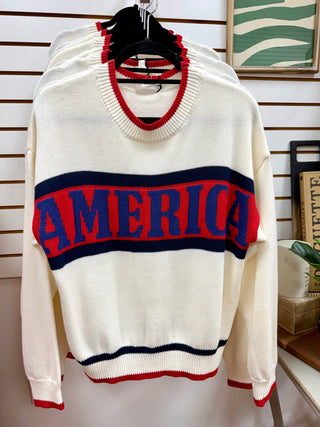 Red Navy and Off-White America Sweater | Annie Gilli