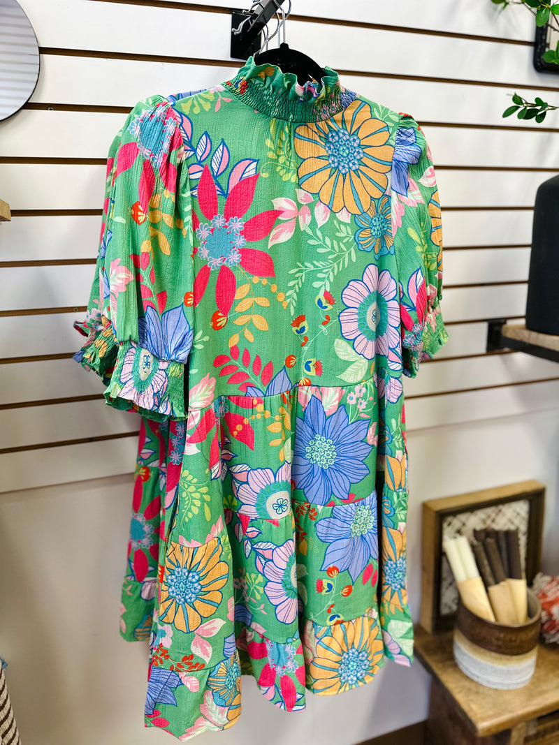 Bright Green Floral Print Short Sleeve Dress | Claire Easel