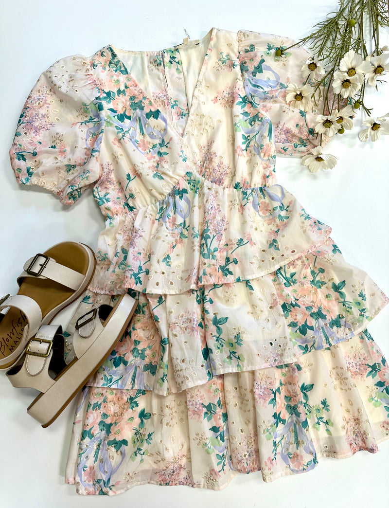 Ivory Eyelet and Floral Print Detail Dress | Boutique Elise | Alice Entro