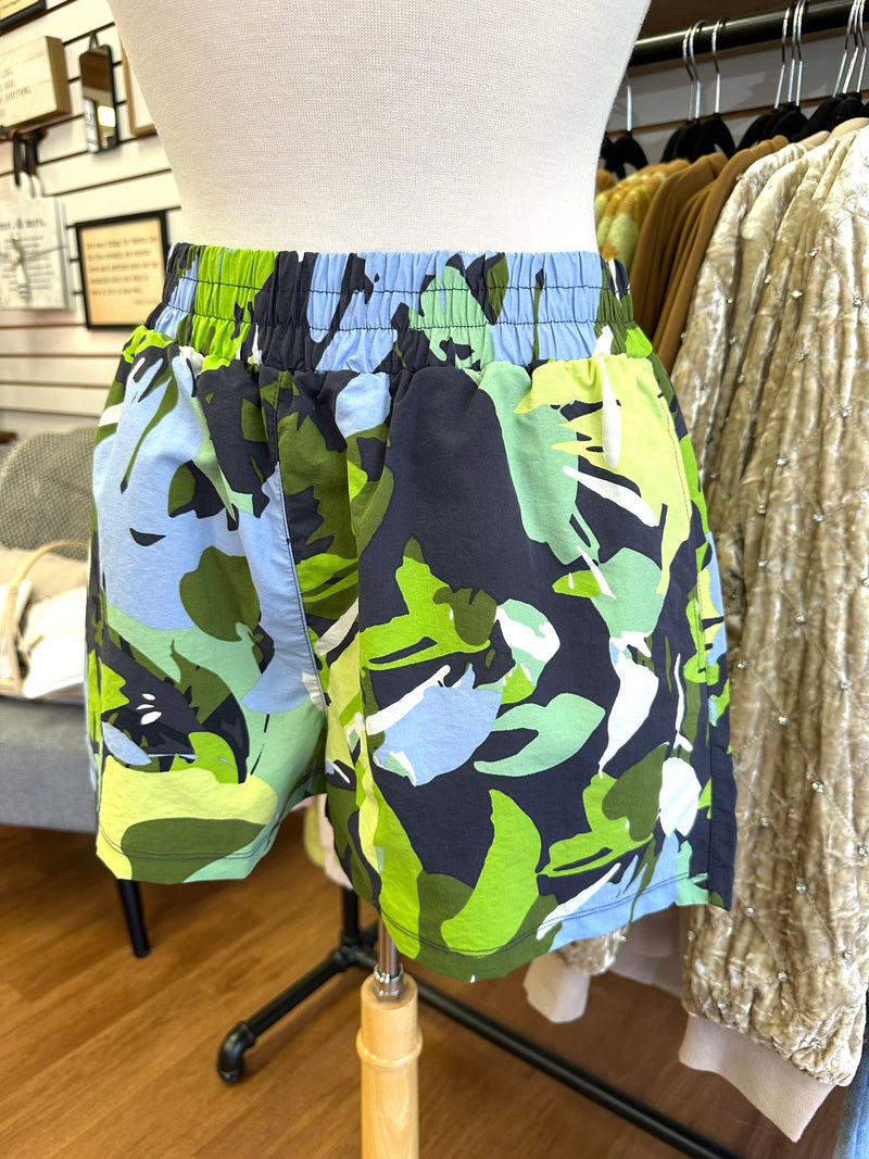 Green and Periwinkle Printed Active Shorts | Boutique Elise | Allison Mono b