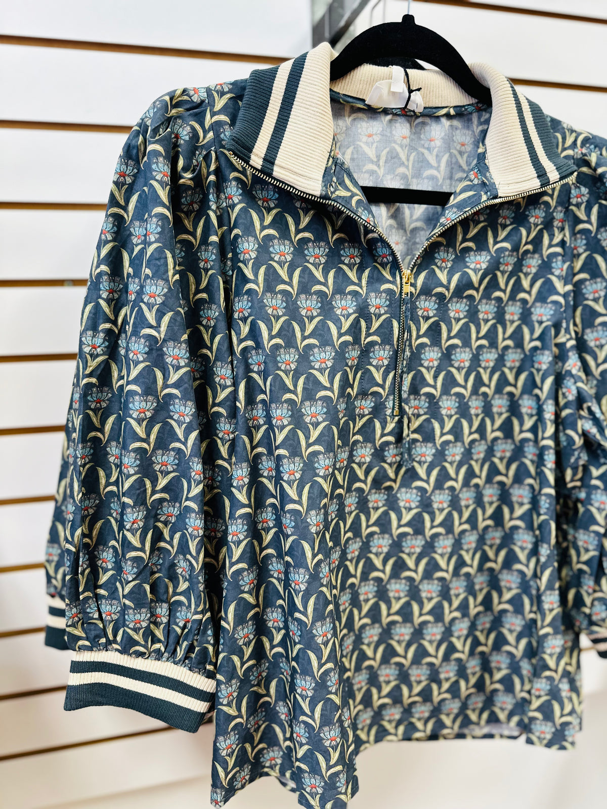 Midnight Blue Grey Printed 3/4 Sleeve Top | Joan Entro