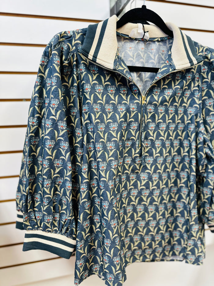 Midnight Blue Grey Printed 3/4 Sleeve Top | Joan Entro