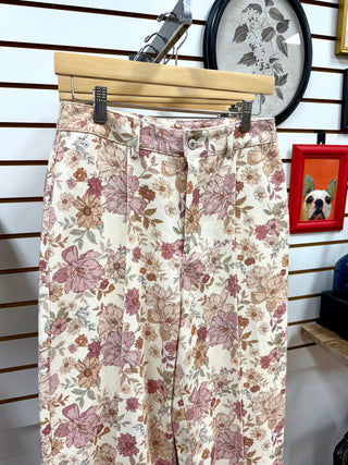 Ecru and Pink Floral Print Crop Pants | Casey Entro