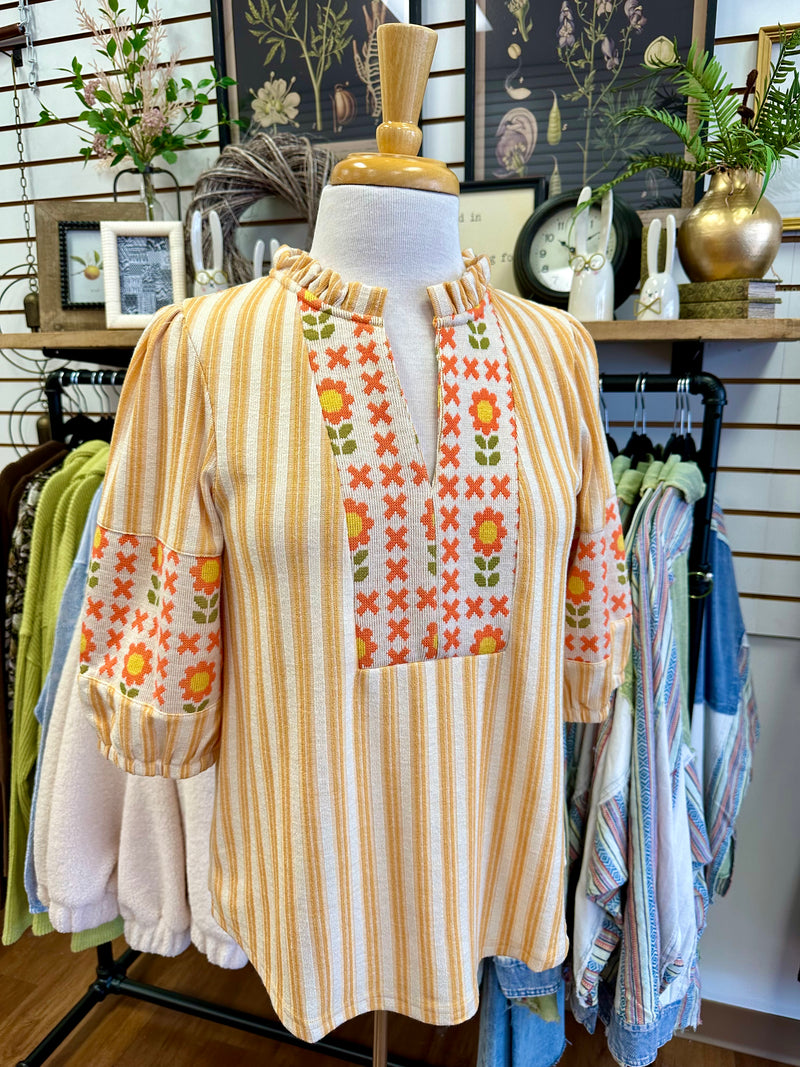 Mustard Stripe and Floral Detail Top | Boutique Elise | Sunny VOY