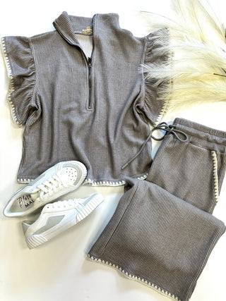 Light Grey Stitch Detail Short Sleeve Top | Boutique Elise | Brittany Entro