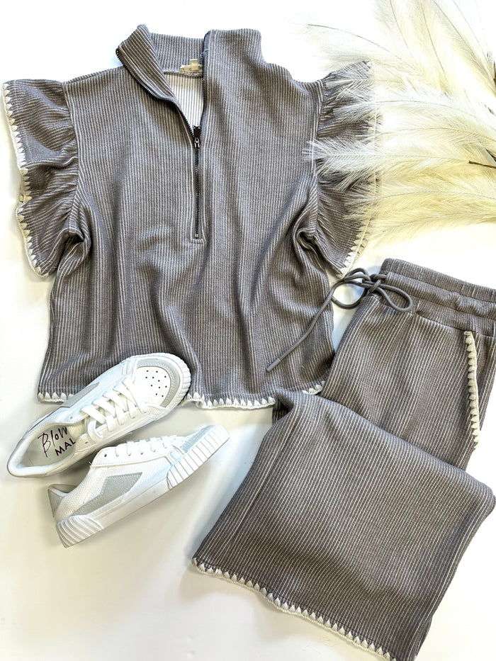 Light Grey Stitch Detail Short Sleeve Top | Boutique Elise | Brittany Entro