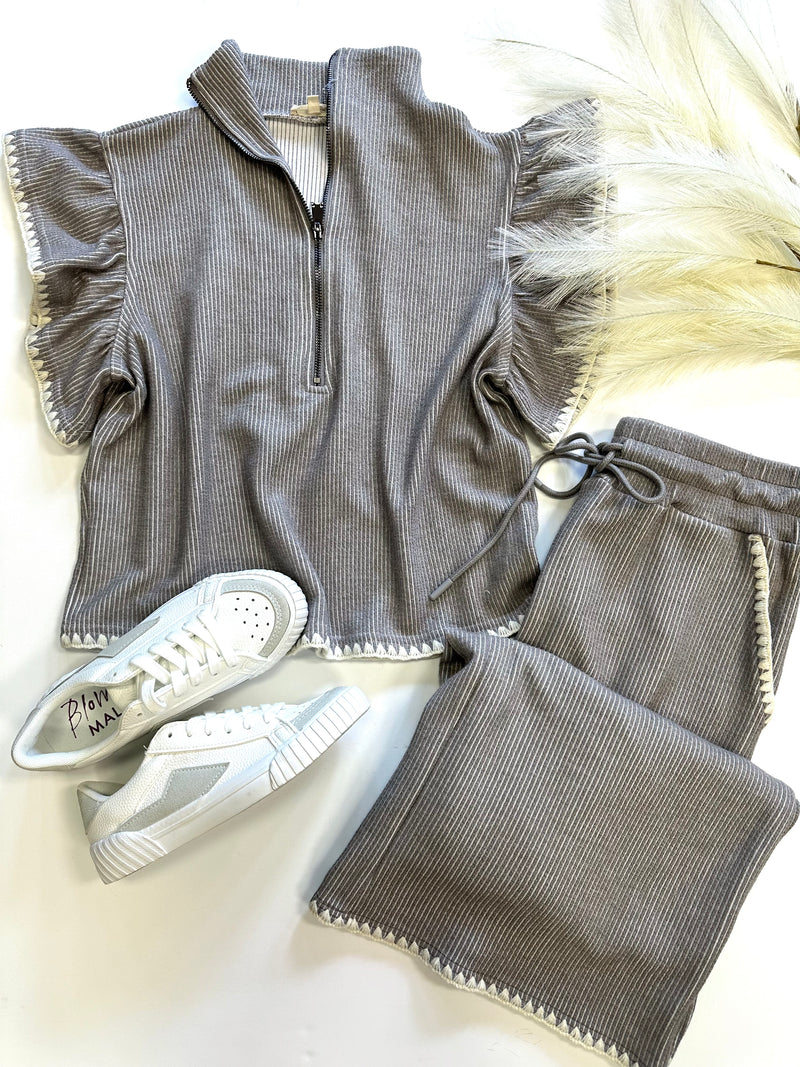 Light Grey Stitch Detail Short Sleeve Top | Boutique Elise | Brittany Entro