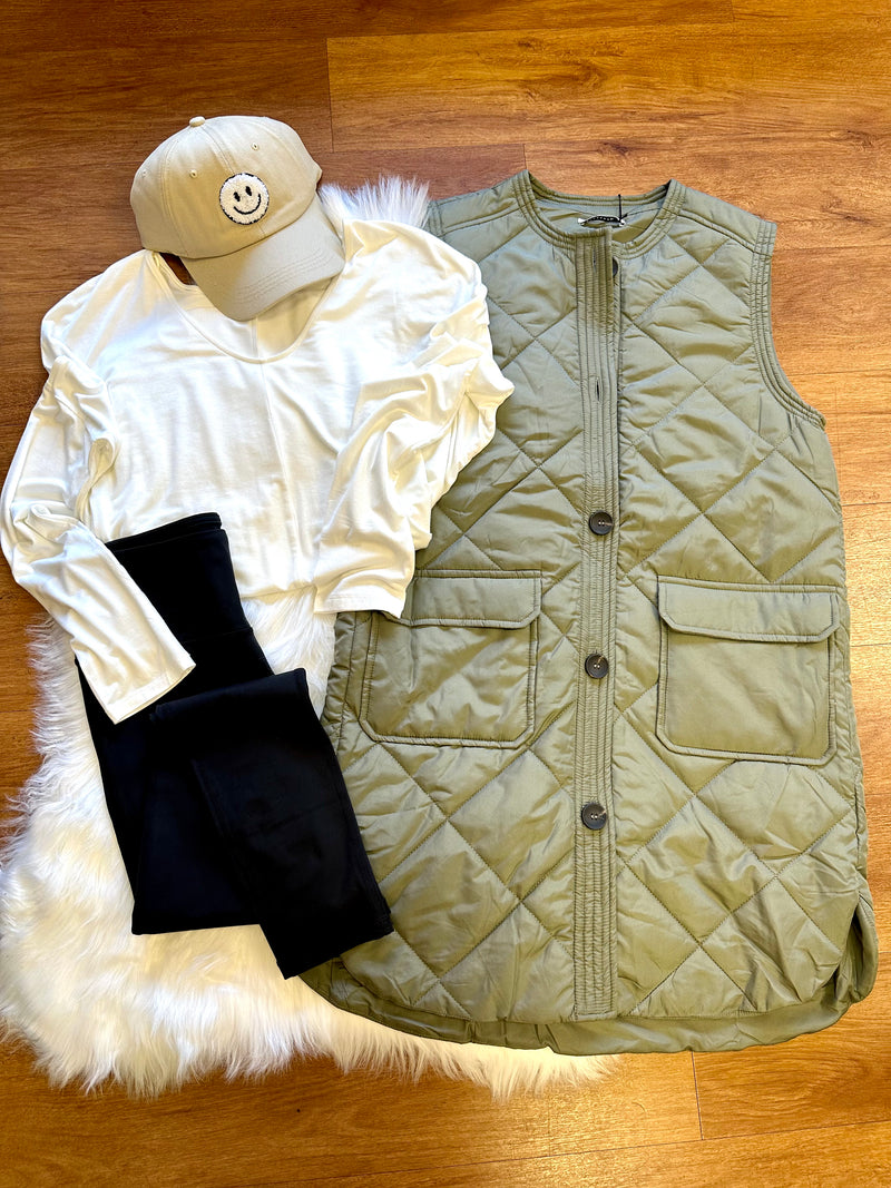 Womens Olive Quilted Long Vest | Boutique Elise | Kellie Staccato